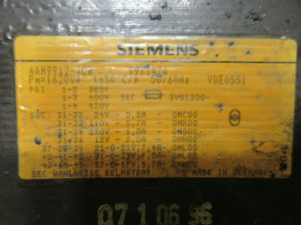SIEMENS TRANSFORMER 4AM9912-4CB 996347A 1620VA TA50 C/B CHARMILLES EDM