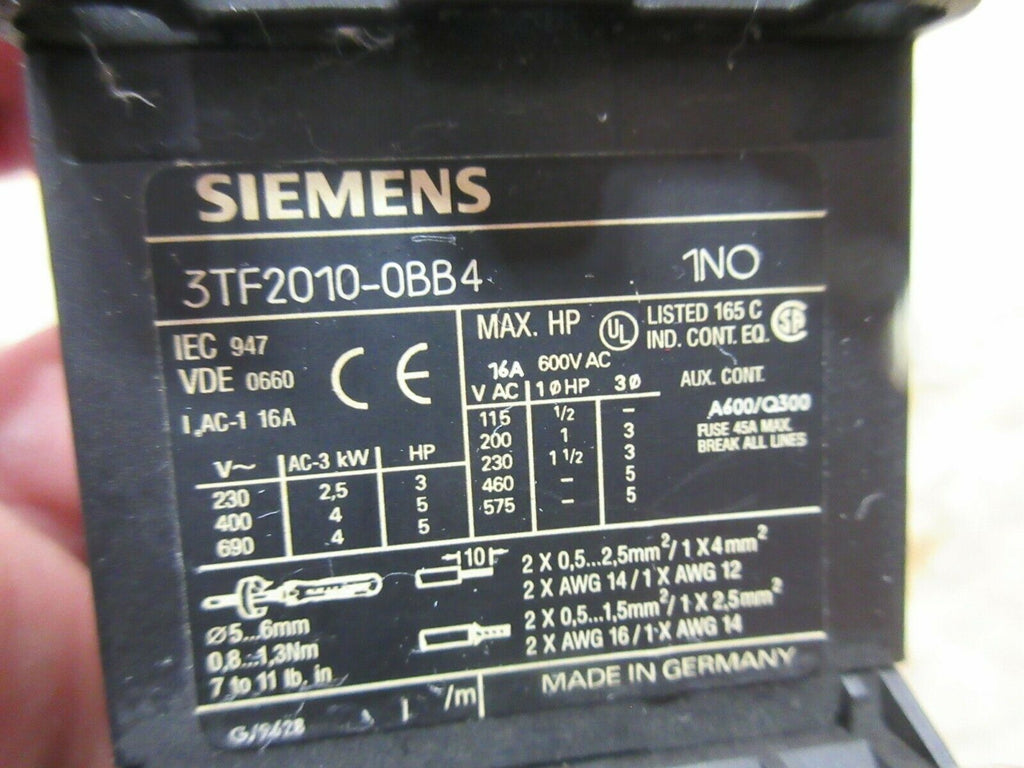 SIEMENS CONTACTOR 3TF2010-0BB4 1NO G/9628 K12